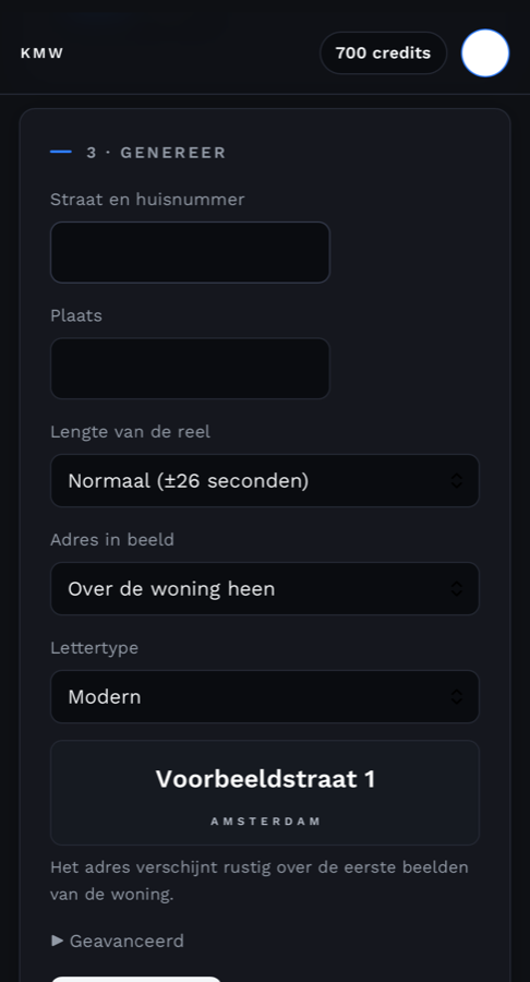 De app op een telefoon: het scherm waarin je de reel laat maken